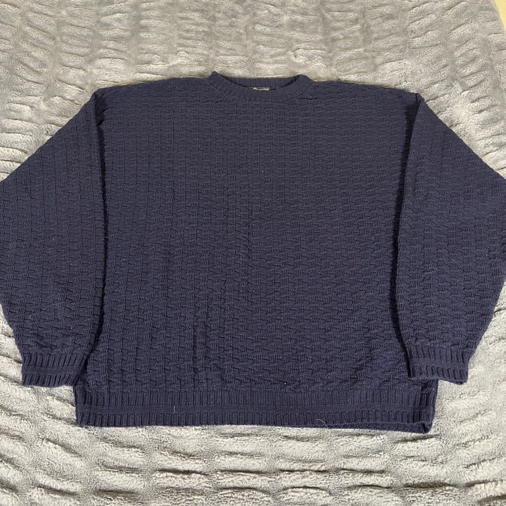 Cape Isle Knitters Men XL Navy Blue Cotton Textured Basketweave Sweater USA Made